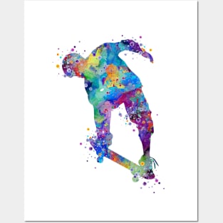 Boy Skateboard Nose Grab Trick Watercolor Silhouette Posters and Art